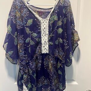 Beverly Drive Boho Sheer Blouse w/ Lace Trim 16-18W Navy Floral Top
